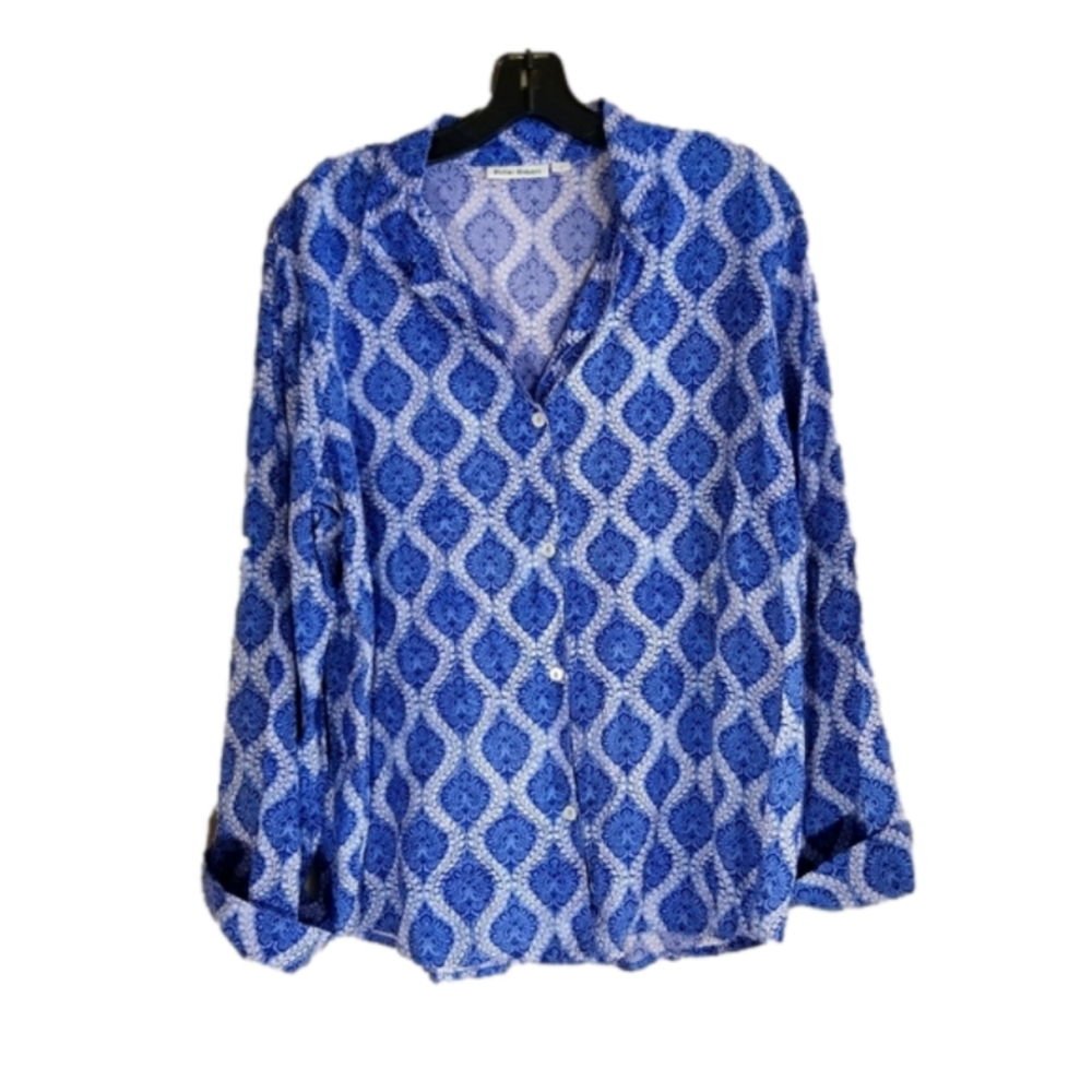 Roller Rabbit Tab Cuff Art Deco Pattern Button Long Sleeve Blouse Size Small